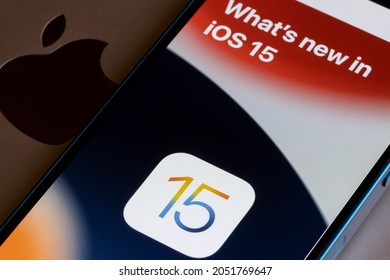 Portland, OR, USA - Oct 3, 2021: Closeup of the iOS 15's new feature introduction page seen on a new iPhone 13 Mini.