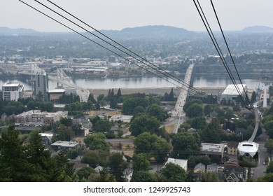 PORTLAND, OREGON - AUG 25: Portland Aerial Tram or Oregon Health & Science University Tram, on Aug 25, 2018. It is one of only 2 commuter aerial tramways in the US, the other being Roosevelt in NYC.