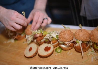 Portland, Oregon - August 22, 2014: Local, Organic Sliders Are Prepared At  'Dish 92', A Fundraiser For A GMO Labeling Campaign, The Measure 92 Ballot Initiative.