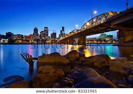 Portland Oregon City Skyline along Willamette River at Blue Hour