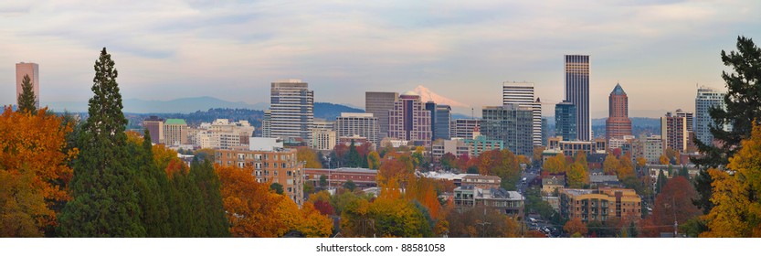 Portland Oregon City Skyline and Mount Hood in the Fall Panorama