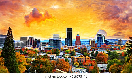 Portland Oregon Downtown City During Sunset In The Fall Season Abstract Painting