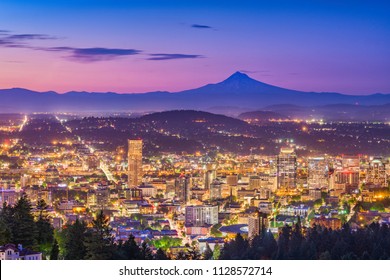 Portland, Oregon downtown city skyline with Mt. Hood.