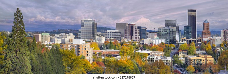 Portland Oregon Downtown City Skyline with Mount Hood in the Colorful Fall Panorama
