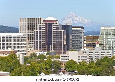 Portland Oregon Downtown Skyline And Mt. Hood.