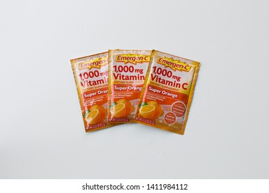 Portland, Oregon - May 28, 2019: Emergen-C Super Orange Flavor Dietary Supplement Fizzy Drink Mix With 1000mg Vitamin C, 0.32 Ounce Powder Packets.