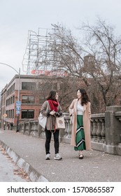 Portland, Oregon - Nov 16, 2019 : Two Asian Traveler Walking At Burnside Bridge In Downtown Portland