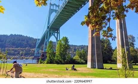 PORTLAND, OREGON - OCTOBER 1, 2022:  Scenic St Johns Bridge Spans Cathedral Park And The Willamette River In North Portland