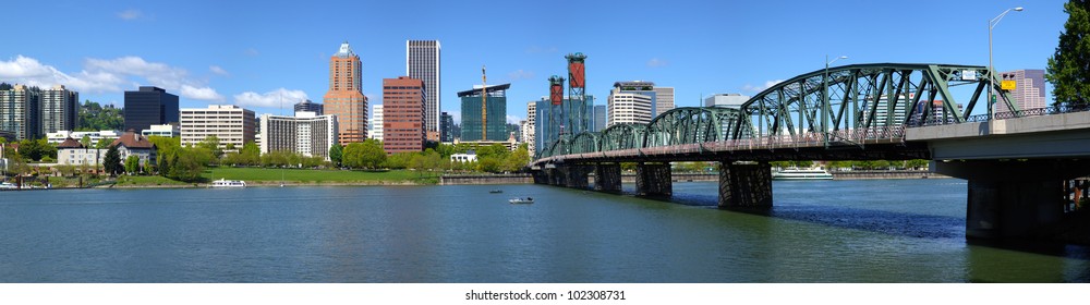 Portland Oregon Skyline And Bridge Panorama.