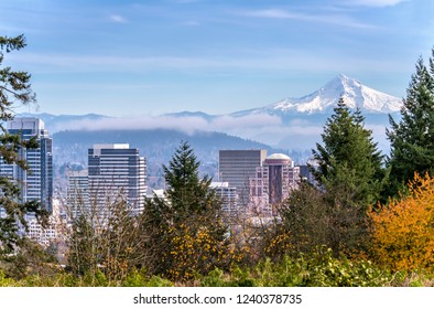 Portland Oregon Skyline Fog And Mt. Hood.