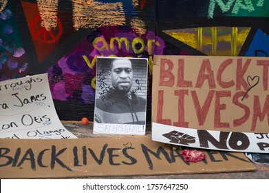 Portland Oregon State. USA 06.12.2020. BLACK LIFE IS MATTER, George Floyd Wall Of Memory And Respect, Flowers, The Struggle Against Non-equality. News And Media Headlines