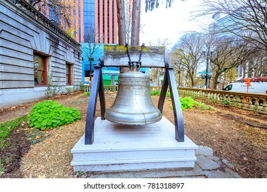 Portland, Oregon, United States - Dec 19, 2017 : Liberty Bell At Portland City Hall Garden