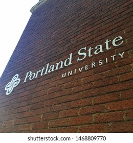 Portland, Oregon, United States, July 25, 2019, Angled shot of Portland State University logo on school building.