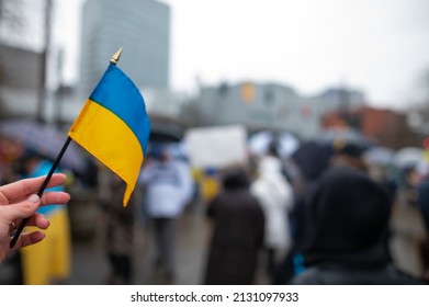 Portland, Oregon. USA 02.26.2022. People protest against the war in Ukraine. Russia's aggression towards Ukraine.  Worldwide protection of Ukraine. Support for the people of Ukraine. News and media he - Shutterstock ID 2131097933