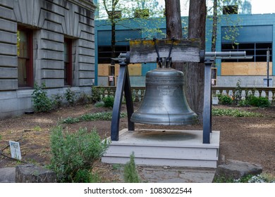 Portland, Oregon, USA - April 27, 2018 : Liberty Bell At Portland City Hall Garden