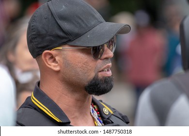 Portland, Oregon / USA - August 17 2019: Enrique Tarrio, chairman of Proud Boys International, flew from Miami to attend a rally involving alt-right and hate groups in Portland, Oregon. 