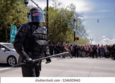 Portland, Oregon / USA - August 4th, 2018:  Police Presence And Riot Control At A Patriot Prayer Rally In Portland, Oregon. 