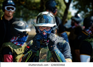 Portland, Oregon / USA - August 4th, 2018:  Proud Boys And Alt Right Protesters At A Patriot Prayer Rally In Portland Oregon. 