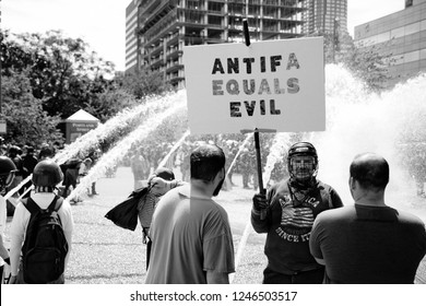 Portland, Oregon / USA - August 4th, 2018:  Proud Boys And Alt Right Protesters At A Patriot Prayer Rally In Portland Oregon. 