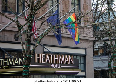 Portland, Oregon USA - Feb. 20, 2021: The Historic Heathman Hotel In Portland, Oregon  Flying Gay=Pride Flag.