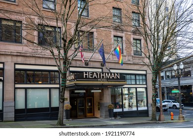 Portland, Oregon USA - Feb. 20, 2021: The Historic Heathman Hotel In Portland, Oregon  Flying Gay=Pride Flag.