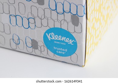 Portland, Oregon, USA - Jan 23, 2020: Closeup Of A Box Of Kleenex Hand Paper Towels, Isolated On White.