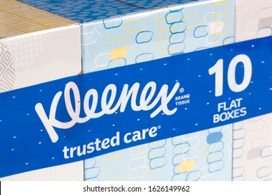 Portland, Oregon, USA - Jan 23, 2020: Closeup Of The Kleenex Logo On Boxes Of Kleenex Hand Paper Towels.