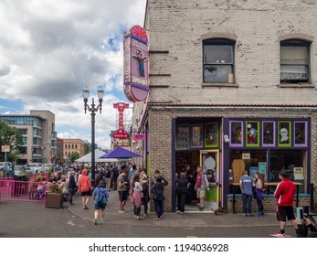 Portland, Oregon, USA - July 2018: Famous Voodoo Doughnut Shop