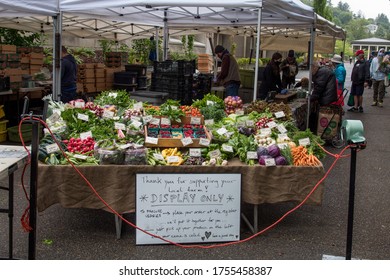 Portland, Oregon USA June 13, 2020: Social Distancing and Queue at Portland's Farmer's Market
