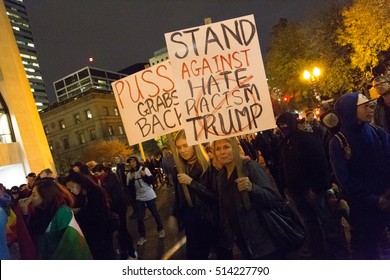 Portland, Oregon, USA  - November 11, 2016: An Anti-Trump Rally - A Fourth Night Of Demonstrations. People Protesting Donald Trump's Victory In The 2016 Presidential Election.