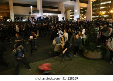 Portland, Oregon, USA  - November 11, 2016: An anti-Trump rally - a fourth night of demonstrations. People protesting Donald Trump's victory in the 2016 presidential election. 