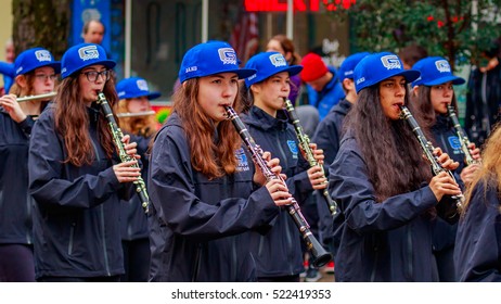 Portland, Oregon, USA - November 11, 2016: Grant High School Marching Band in the annual Ross Hollywood Chapel Veterans Day Parade, in northeast Portland.