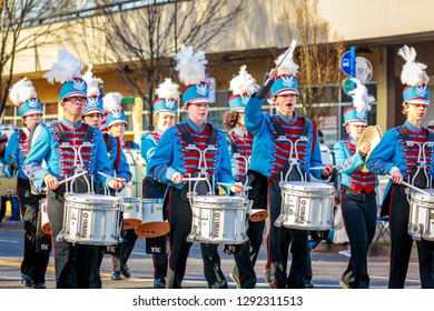 Portland, Oregon, USA - November 12, 2018: Madison High School Marching Band in the annual Ross Hollywood Chapel Veterans Day Parade, in northeast Portland.