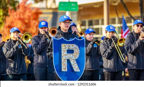 Portland, Oregon, USA - November 12, 2018: Grant High School Marching Band in the annual Ross Hollywood Chapel Veterans Day Parade, in northeast Portland.