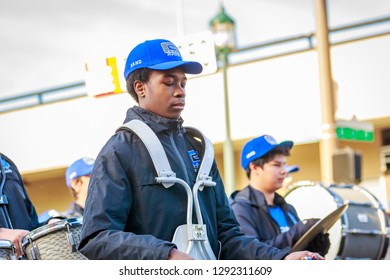Portland, Oregon, USA - November 12, 2018: Grant High School Marching Band in the annual Ross Hollywood Chapel Veterans Day Parade, in northeast Portland.