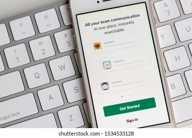 Portland, Oregon, USA - Oct 17, 2019: Slack Mobile App Login Screen Is Seen On A Smartphone. Slack Is A B2B Software, Workplace Messenger, Team Communication Tool Or Platform.