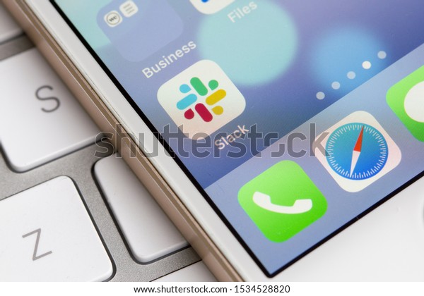 Portland, Oregon, USA - Oct 17, 2019: Slack mobile app icon is seen on a smartphone. Slack is a B2B software, workplace messenger, team communication tool or platform.