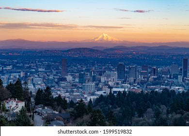 Portland, Oregon, USA. View Of Portland City And Mount Hood In The Winter Sunset, Seen From Portland Heights, Toward East.