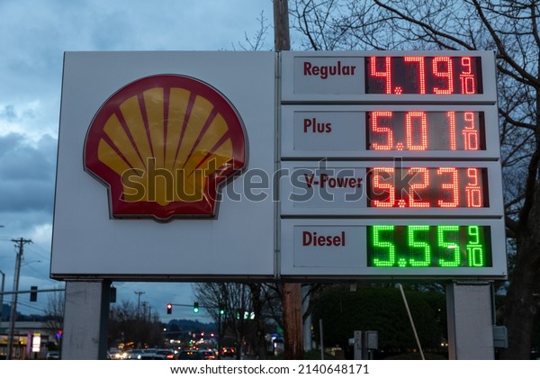 Portland, Oregon, USA-March 29, 2022-\
Shell high gas prices current situation in Oregon,\
USA