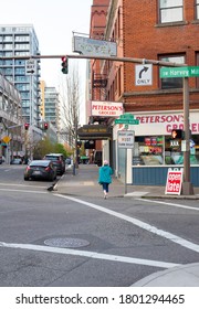 Portland, Oregon/United States – 04/21/2019: I View Of The Intersection Of Harvey Milk Street And SW Stark Street In Downtown Portland In The Spring Of 2019. It Was A Cloudy Day.