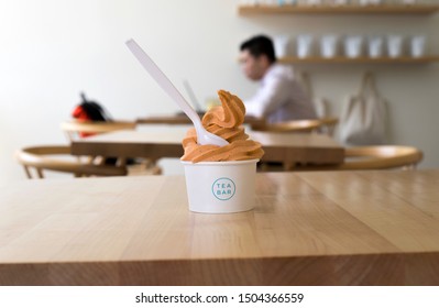 Portland, Oregon/United States – 04/25/2019: A Closeup Of Frozen Yogurt Made By Tea Bar, A Hip Tea Cafe In The Pearl District Of Portland; Thai Tea Flavor.