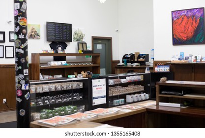 Portland, Oregon/United States – 12/10/2018: The Interior Of Rose City Wellness, A Cannabis Dispensary Located In Portland, Oregon; December Of 2018.