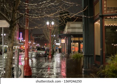 Portland, Oregon/United States – 12/23/2018: This Is A View Of Part Of Old Town, A Neighborhood In Portland, Oregon At Night In The Winter Of 2018.