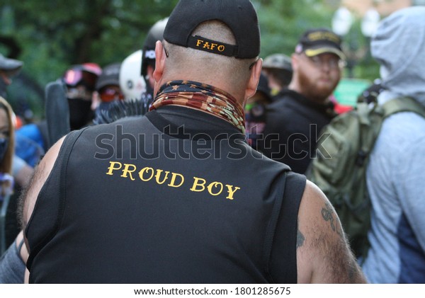 Portland, Oregon/United States-August 22, 2020: Conservative people from the far right movement, Proud Boys, and Boogaloo join for a "Back the Blue" rally.