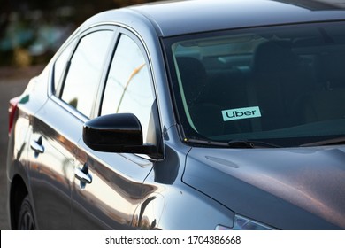 Portland, Oregon/USA-April 13, 2020: Uber Rideshare Car Waiting For Next Pickup During Coronavirus Lockdown