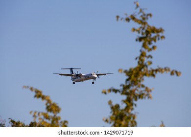 Portland, Oregon/USA-June 8, 2019: Airplane Of Alaskan Airlines Landing In PDX International Airport