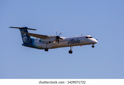 Portland, Oregon/USA-June 8, 2019: Airplane Of Alaskan Airlines Landing In PDX International Airport