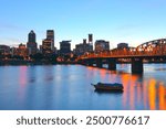 Portland Skyline and Hawthorne Bridge at night, Portland, Oregon, USA