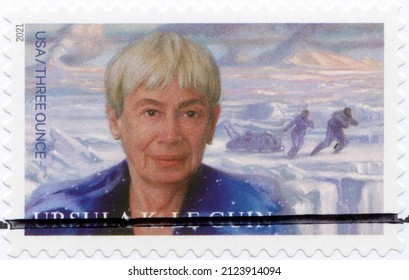 PORTLAND, USA - JULY 27, 2021: A Stamp Printed In USA Shows Ursula Kroeber Le Guin (1929-2018), American Writer, Literary Arts Series, 2021 