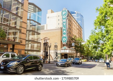 Portland, OR USA - June 27, 2018: SW Broadway Street In Portland With Arlene Schnitzer Concert Hall, The Heathman Hotel And Antoinette Hatfield Hall, Oregon State, United States